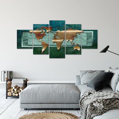 Runa Art Bild Büro Wohnzimmer Weltkarte 5 Teilig Landkarte metall Grün Wandbilder auf Vlies Leinwand 106753b