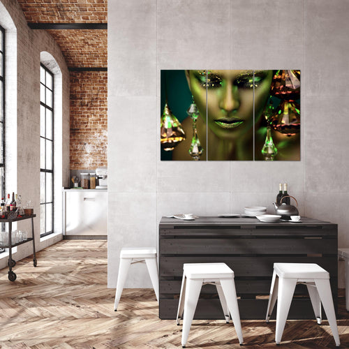 Runa Art Wandbilder Frau Gesicht Lippen Bild XXL Wohnzimmer Schlafzimmer Grün Gold Kosmetik Fashion 120 x 80 cm 3 Teilig 042131b