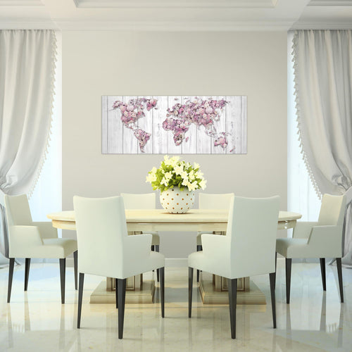 Runa Art Wandbild Weltkarte Blumen 1 Teilig 100 x 40 cm Modern Bild auf Vlies Leinwand Vintage Wohnzimmer Grau Rosa 023212b