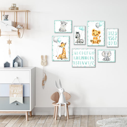 Novart Wandbilder Tiere - KOMPLETT AUFHÄNGFERTIG - Afrika Blau Kinderzimmer Mädchen Junge - 7 Moderne Mood-Bilder - N016671b