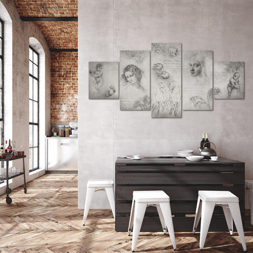 Runa Art - Bilder Berühmte Maler 200 x 100 cm 5 Teilig XXL Wanddekoration Design Skizzen Beige 010351a