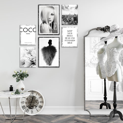 Novart Wandbilder Set Fashion Schwarz Weiss - KEIN EXTRA RAHMEN BENÖTIGT -  Modern Deko  - Wohnzimmer Mädchen Teenager N002163a