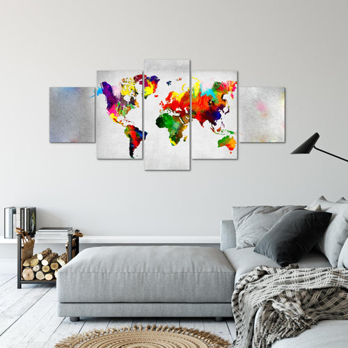 Runa Art Bild Büro Wohnzimmer Weltkarte 5 Teilig Stein Beton Bunt Wandbilder auf Vlies Leinwand 108853b