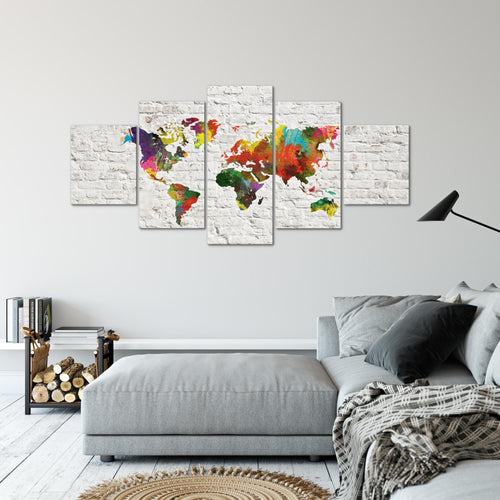 Runa Art Wandbilder Weltkarte 3D Effekt 5 Teilig Bild auf Vlies Leinwand Deko Büro Wohnzimmer Ziegel Bunt Weiss 106952b