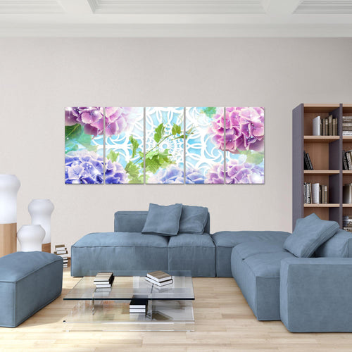 Runa Art Wandbild XXL Blumen Hortensien Wohnzimmer Schlafzimmer 200 x 80 cm Bunt 5 Teilig - Made in Germany - 017555a