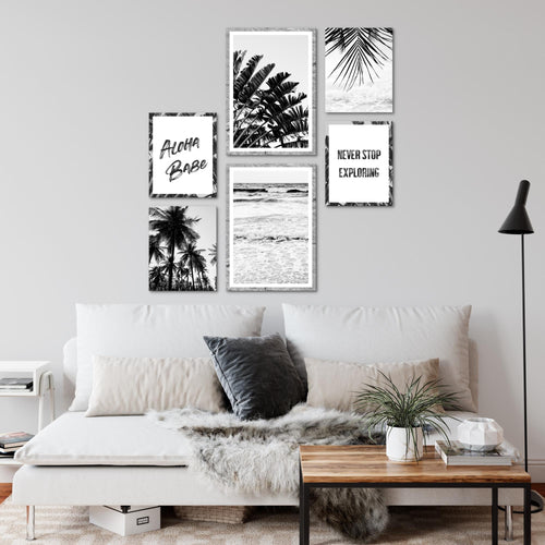 Novart Wandbilder Set Palmen Schwarz Weiss - KEIN EXTRA RAHMEN BENÖTIGT -  Modern Deko  - Wohnzimmer Schlafzimmer N013963a