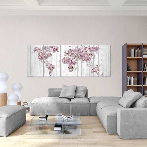 Runa Art Bild Weltkarte Blumen Wandbilder auf Vlies Leinwand 5 Teilig Wanddekoration Wohnzimmer Schlafzimmer 023256a