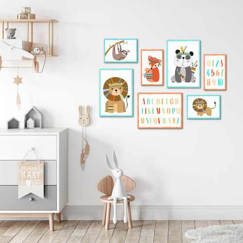 Novart Wandbilder Tiere - KOMPLETT AUFHÄNGFERTIG - Indianer Kinderzimmer Mädchen Junge - 7 Moderne Mood-Bilder - N000271b