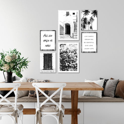 Novart Wandbilder Set Alte Stadt Palmen Schwarz Weiss - KEIN EXTRA RAHMEN BENÖTIGT -  Modern Deko  - Wohnzimmer Schlafzimmer N015063a