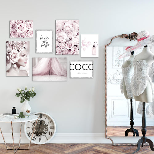 Novart Wandbilder Coco Fashion - KOMPLETT AUFHÄNGFERTIG - Grau Rosa Wohnzimmer Mädchen Teenager - 7 Moderne Mood-Bilder - N000771a