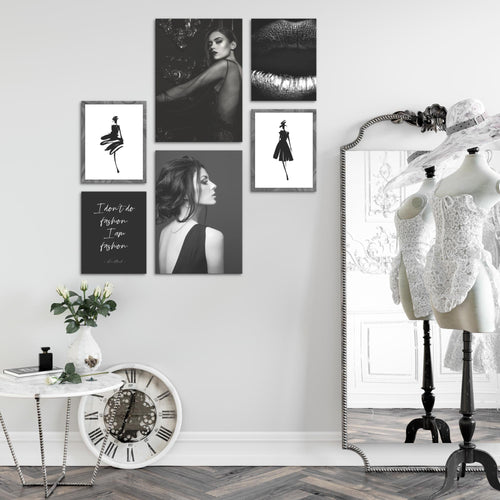 Novart Wandbilder Set Fashion Schwarz Weiss - KEIN EXTRA RAHMEN BENÖTIGT -  Modern Deko  - Wohnzimmer Mädchen Teenager N000863a