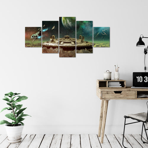 Runa Art Wandbilder Kinderzimmer Weltall Raumschiff 5 Teilig Bild auf Vlies Leinwand Deko Babyzimmer Spielzimmer Jugendzimmer Türkis Beige 611552a