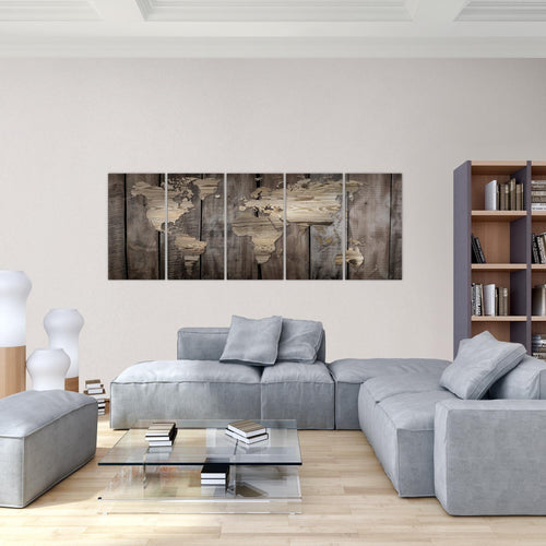 Runa Art Wandbild Weltkarte 1 Teilig 100 x 40 cm Modern Bild auf Vlies Leinwand Holzoptik Büro Wohnzimmer Beige Braun 035012b