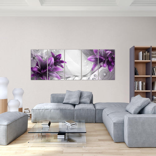 Runa Art Wandbild Blumen Lilien 1 Teilig 100 x 40 cm Modern Bild auf Vlies Leinwand Abstrakt Wohnzimmer Grau Violett 036812b