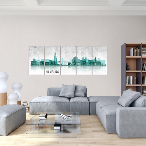 Runa Art Wandbild Hamburg 1 Teilig 100 x 40 cm Modern Bild auf Vlies Leinwand Abstrakt Wohnzimmer Schlafzimmer Türkis Grau 035912b