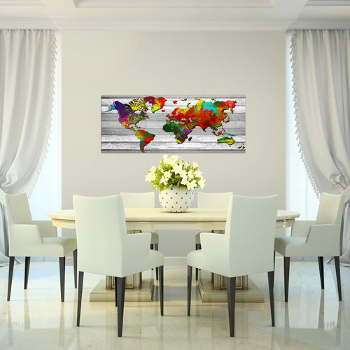 Runa Art Wandbild Weltkarte 1 Teilig 100 x 40 cm Modern Bild auf Vlies Leinwand Vintage Holz Büro Wohnzimmer Bunt 105412a