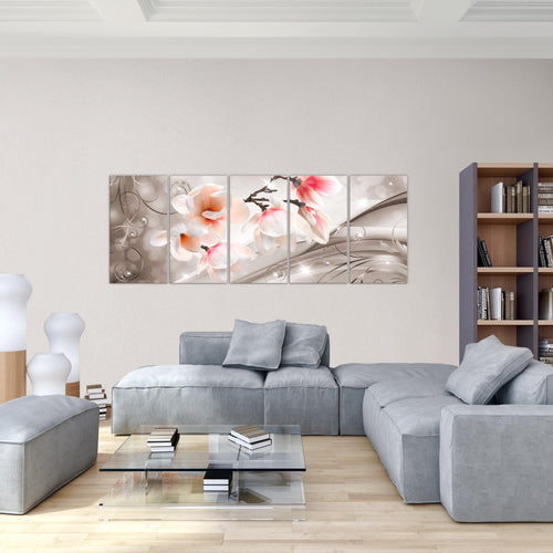 Runa Art Wandbild XXL Blumen Abstrakt Wohnzimmer Schlafzimmer 200 x 80 cm Grau Türkis 5 Teilig - Made in Germany - 035355c