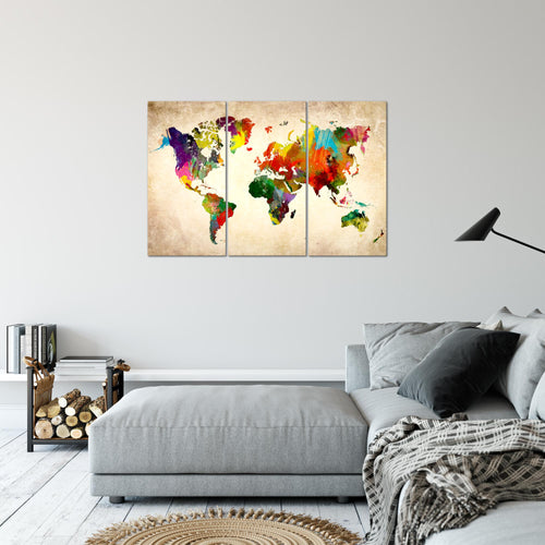 Runa Art Wandbilder Weltkarte Bild XXL Büro Wohnzimmer Bunt Landkarte Beton 120 x 80 cm 3 Teilig 105131c