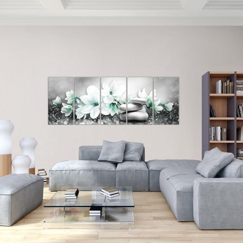 Runa Art Wandbild Blumen Magnolien 1 Teilig 100 x 40 cm Modern Bild auf Vlies Leinwand Abstrakt Wohnzimmer Grau Rosa 035412a