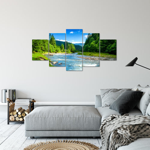 Runa Art - Bilder Wald Fluss 200 x 100 cm 5 Teilig XXL Wanddekoration Design Grün Blau Natur 049851a