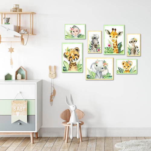 Novart Wandbilder Tiere Afrika - KOMPLETT AUFHÄNGFERTIG - Grau Kinderzimmer Mädchen Junge - 7 Moderne Mood-Bilder - N017371b
