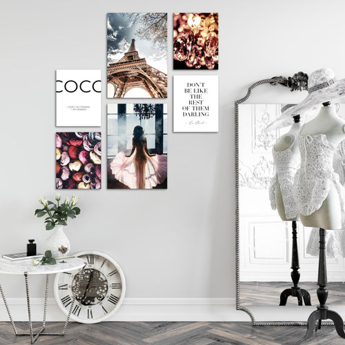 Novart Wandbilder Set Fashion Paris Coco - KEIN EXTRA RAHMEN BENÖTIGT -  Modern Deko  - Wohnzimmer Mädchen Teenager N008263a