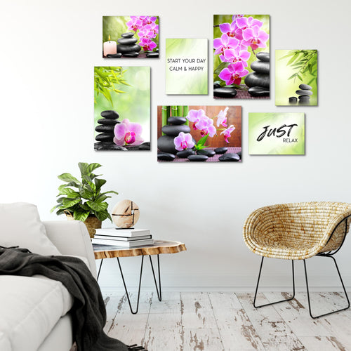 Novart Wandbilder Feng Shui Zen Stein - KOMPLETT AUFHÄNGFERTIG - Grün Lila Wohnzimmer Schlafzimmer - 7 Moderne Mood-Bilder - N003471a