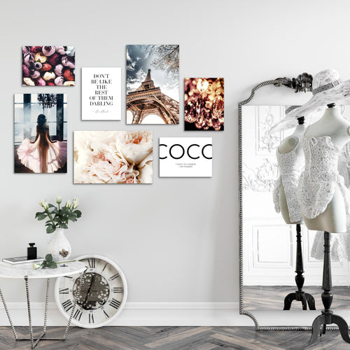 Novart Wandbilder Fashion Paris - KOMPLETT AUFHÄNGFERTIG - Coco Wohnzimmer Mädchen Teenager - 7 Moderne Mood-Bilder - N008271a