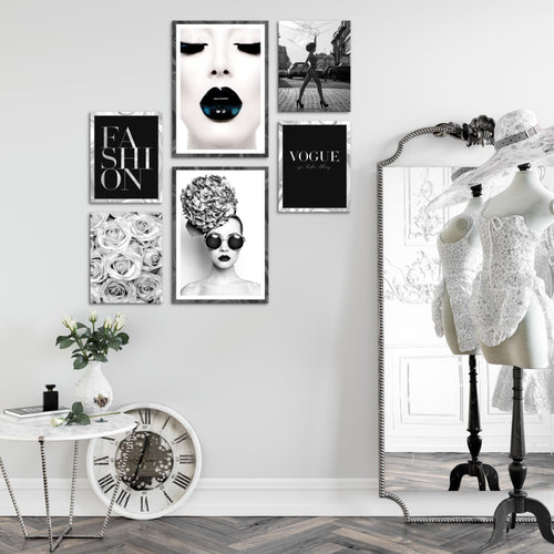 Novart Wandbilder Set Fashion Schwarz Weiss - KEIN EXTRA RAHMEN BENÖTIGT -  Modern Deko  - Wohnzimmer Mädchen Teenager N015563a