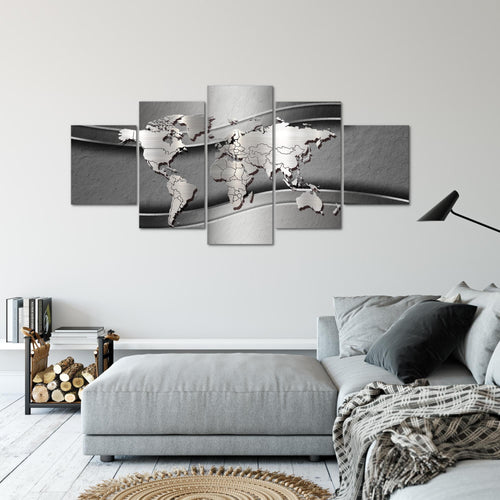 Runa Art - Bilder Weltkarte 200 x 100 cm 5 Teilig XXL Wanddekoration Design Grau 107251c