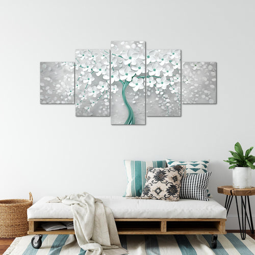 Runa Art - Bilder Blumen 200 x 100 cm 5 Teilig XXL Wanddekoration Design Weiss Gold 039751a