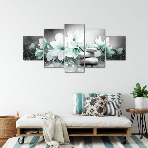 Runa Art Bild Wohnzimmer Schlafzimmer Blumen Magnolien 5 Teilig Abstrakt Grau Türkis Wandbilder auf Vlies Leinwand 035453b