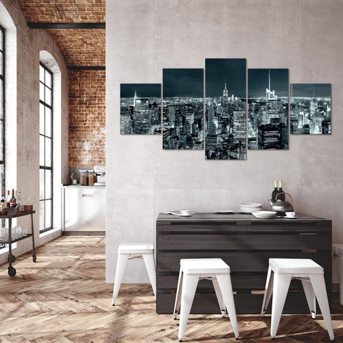 Runa Art - Bilder New York Skyline 200 x 100 cm 5 Teilig XXL Wanddekoration Design Türkis Blau 036251b