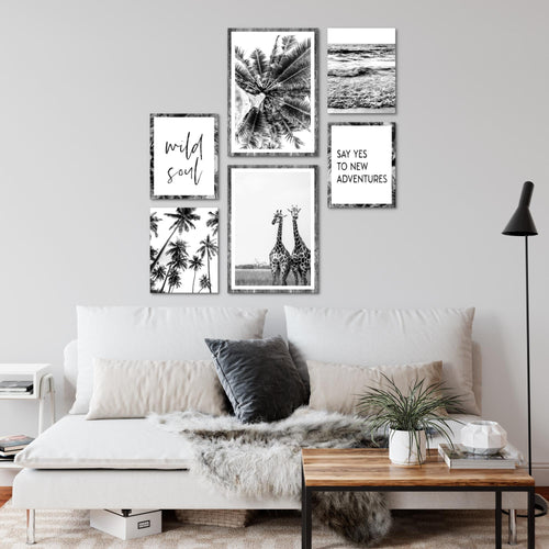 Novart Wandbilder Set Giraffen Palmen Schwarz Weiss - KEIN EXTRA RAHMEN BENÖTIGT -  Modern Deko  - Wohnzimmer Schlafzimmer N014363a