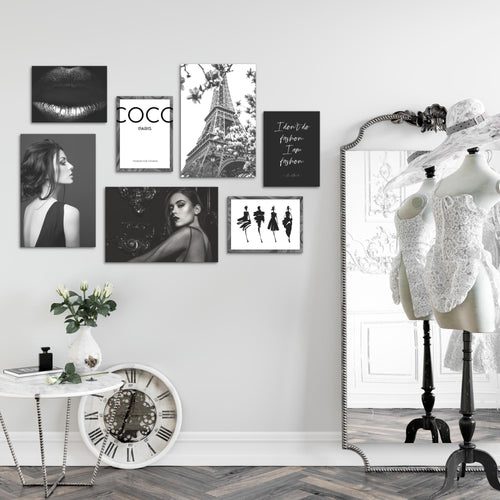 Novart Wandbilder Fashion - KOMPLETT AUFHÄNGFERTIG - Schwarz Weiss Wohnzimmer Mädchen Teenager - 7 Moderne Mood-Bilder - N000871a
