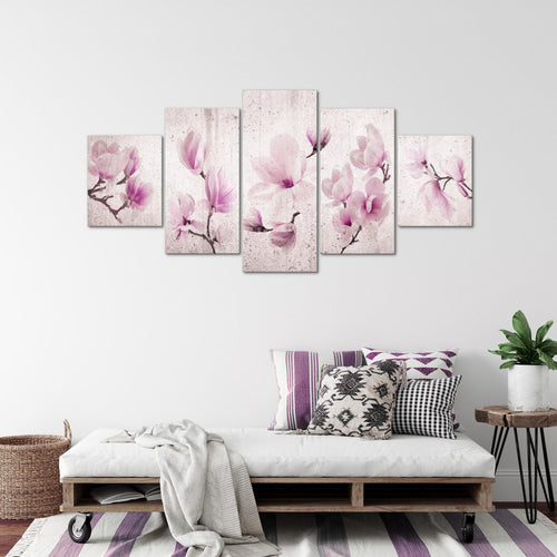 Runa Art Bild Wohnzimmer Schlafzimmer Blumen Magnolien 5 Teilig Abstrakt Grau Rosa Wandbilder auf Vlies Leinwand 007753b
