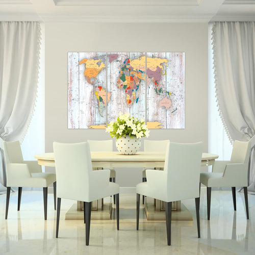 Runa Art Wandbilder Weltkarte Holz Bild XXL Büro Wohnzimmer Weiss Kontinente 120 x 80 cm 3 Teilig 108731c