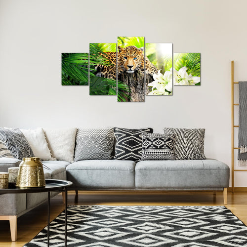 Runa Art Bild Wohnzimmer Schlafzimmer Afrika Leopard 5 Teilig Natur Savanne Grün Wandbilder auf Vlies Leinwand 006753a