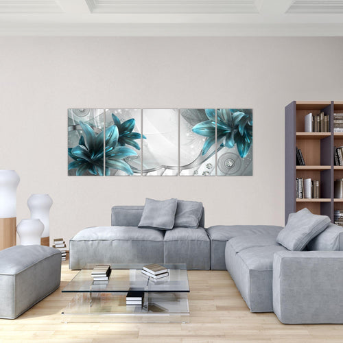 Runa Art Wandbild Blumen Lilien 1 Teilig 100 x 40 cm Modern Bild auf Vlies Leinwand Abstrakt Wohnzimmer Grau Blau 036812c
