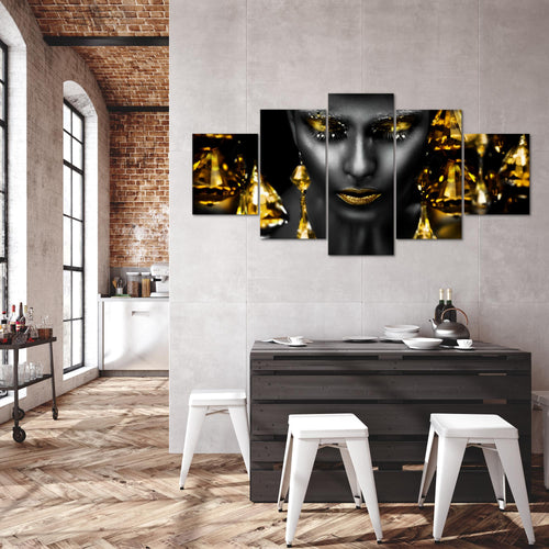 Runa Art Wandbilder Frau Gesicht Lippen 5 Teilig Bild auf Vlies Leinwand Deko Wohnzimmer Schlafzimmer Kosmetik Fashion Grün Gold 042152b