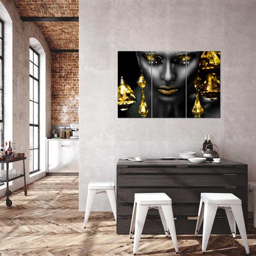 Runa Art Wandbilder Frau Gesicht Lippen Bild XXL Wohnzimmer Schlafzimmer Schwarz Gold Kosmetik Fashion 120 x 80 cm 3 Teilig 042131c