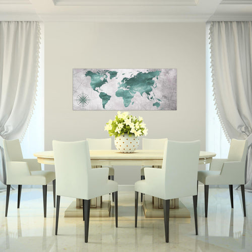 Runa Art Wandbild Weltkarte 1 Teilig 100 x 40 cm Modern Bild auf Vlies Leinwand Vintage Büro Wohnzimmer Grün Grau 026012c