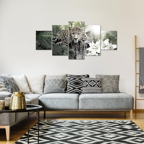 Runa Art Wandbilder Afrika Leopard 5 Teilig Bild auf Vlies Leinwand Deko Wohnzimmer Schlafzimmer Tiere Schwarz Weiss 006752c
