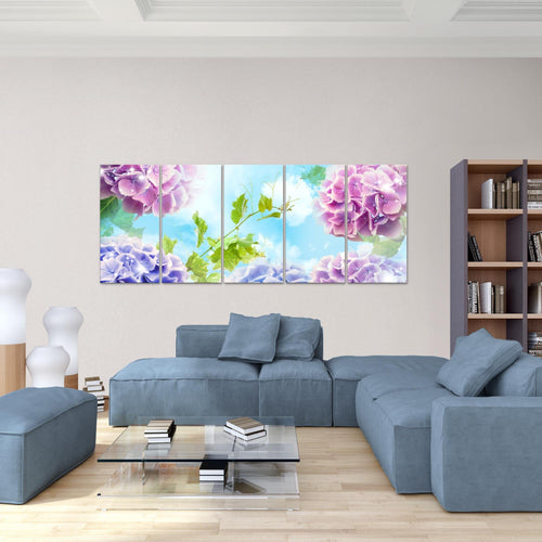 Runa Art Wandbild XXL Blumen Hortensien Wohnzimmer Schlafzimmer 200 x 80 cm Bunt 5 Teilig - Made in Germany - 017555b