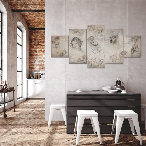 Runa Art - Bilder Berühmte Maler 200 x 100 cm 5 Teilig XXL Wanddekoration Design Skizzen Beige 010351a