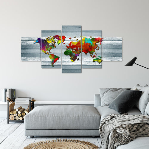 Runa Art Wandbilder Weltkarte 5 Teilig Bild auf Vlies Leinwand Deko Büro Wohnzimmer Kontinente Holz Bunt 105452c