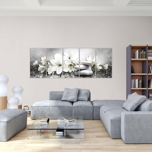 Runa Art Wandbild Blumen Magnolien 1 Teilig 100 x 40 cm Modern Bild auf Vlies Leinwand Abstrakt Wohnzimmer Grau Türkis 035412b