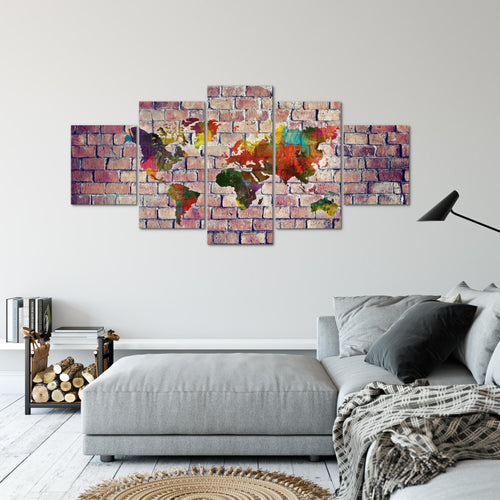 Runa Art Wandbilder Weltkarte 3D Effekt 5 Teilig Bild auf Vlies Leinwand Deko Büro Wohnzimmer Ziegel Bunt Braun 106952c