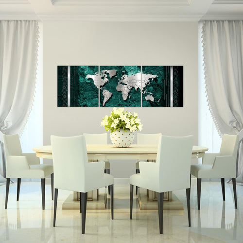 Runa Art - Bilder Weltkarte 120 x 40 cm 3 Teilig Wandbild auf Vlies Leinwand Blau Mehrteilig Modern 107333b