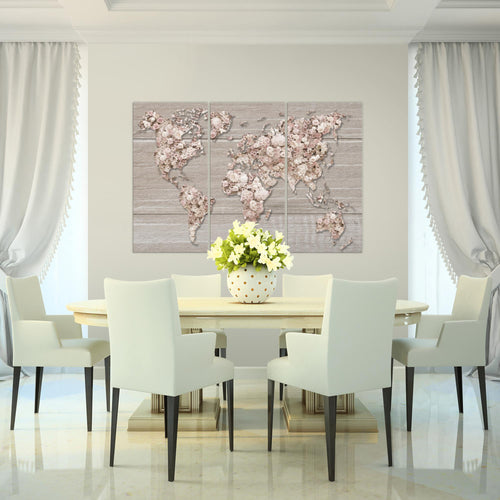 Runa Art Wandbilder Weltkarte Blumen Bild XXL Wohnzimmer Schlafzimmer Grau Rosa Vintage 120 x 80 cm 3 Teilig 023231b